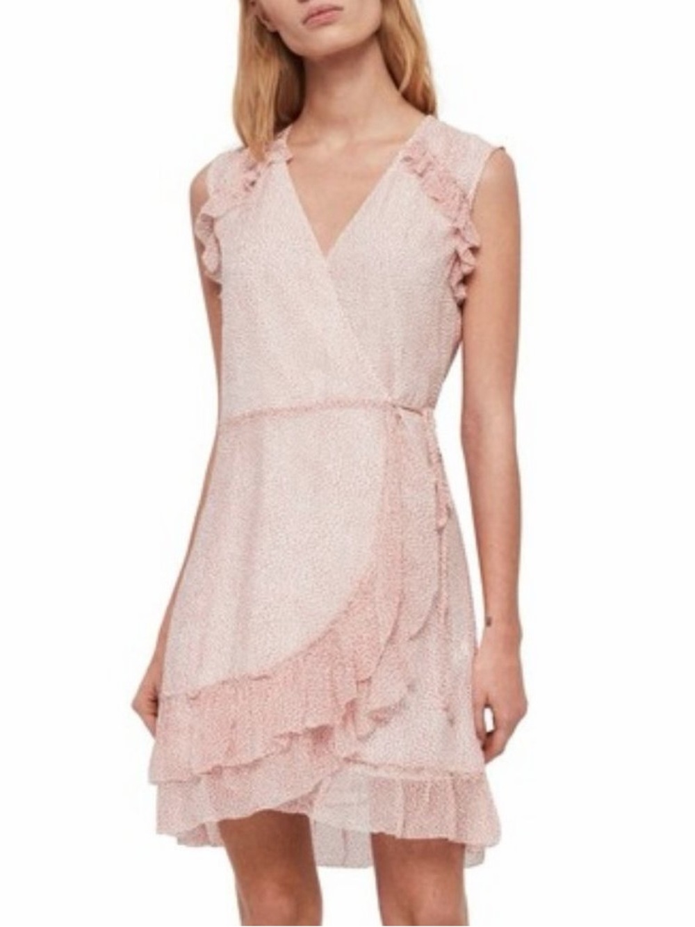 ALLSAINTS Priya Leox Sleeveless Wrap Dress in Pink Dotted Pattern
